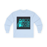 God Money Power Long Sleeve Tee — Retro Neon Graphic Faith & Hustle Shirt