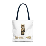 God • Money • Power Tote Bag — Inspirational Gold Block Design