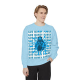 Graphic Sweatshirt - "God Money Power" Blue Retro Streetwear Crewneck