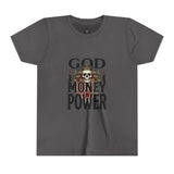 Youth Tee — 'God Money Power' Skull Graphic Shirt