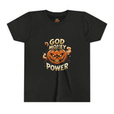 Youth Tee — "God Money Power" Halloween Pumpkin Graphic