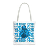 God Money Power Graphic Tote Bag — Blue Urban Goddess All-Over Print Tote