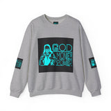 Crewneck Sweatshirt — GOD MONEY POWER Graphic Crewneck (Neon Cyan on White)
