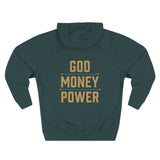 God Money Power Hoodie — Graphic Religious Statement Pullover