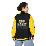 Letterman Jacket - "GOD MONEY POWER" Graphic Varsity Jacket with Chest Logo