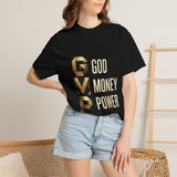 T-Shirt — GVMP Gold Graphic: "God Money Power" Statement Tee