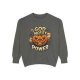God Money Power- Pumpkin Sweatshirt — Halloween Jack-O'-Lantern Graphic Crewneck