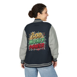 Letterman Jacket — "God Money Power" Graphic Varsity Jacket