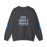 Crewneck Sweatshirt — 'God Money Power' Blue Graphic Pullover