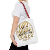 God Money Power Tote Bag — Bold Pyramid Graphic Religious Statement Tote