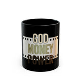 God Money Power Black Coffee Mug — Faith & Prosperity Film-Strip Design (11oz/15oz)