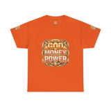 Graphic Tee — "God Money Power" Gold Crest T-Shirt