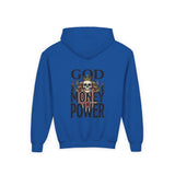 Youth Hoodie "God Money Power" Skull Graphic
