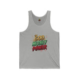 God Money Power Graphic Tank Top — Faith & Hustle Comic-Style Design