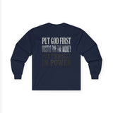 Long Sleeve Tee — "Put God First, Hustle for the Money, Put Yourself in Power" Inspirational Faith & Hustle Top