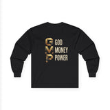 GMP Long Sleeve Tee — God Money Power Gold Graphic