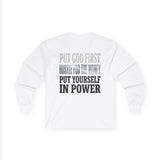 Long Sleeve Tee — "Put God First, Hustle for the Money, Put Yourself in Power" Inspirational Faith & Hustle Top
