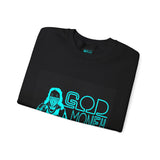 Crewneck Sweatshirt — GOD MONEY POWER Graphic Crewneck (Neon Cyan on White)