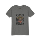 Youth Tee — 'God Money Power' Skull Graphic Shirt