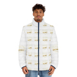 Money Print Puffer Jacket — White Quilted Men’s Winter Coat with Gold Text