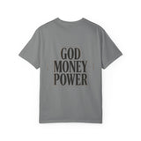 T-Shirt — 'God Money Power' Graphic Tee (Bandana Madonna Front)
