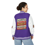 Letterman Jacket — "Put GOD First, Hustle For The MONEY, Put Yourself In POWER" Inspirational Varsity Coat