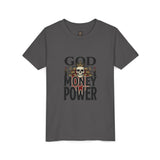 Youth Tee — 'God Money Power' Skull Graphic Shirt