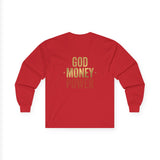 Long Sleeve Tee — 'God, Money, Power' Retro Palm Graphic