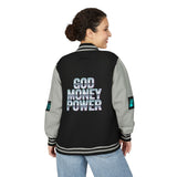 Letterman Jacket — "GOD MONEY POWER" Retro Graphic Varsity Jacket