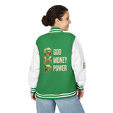 God Money Power Letterman Jacket — Red Varsity Bomber with GMP Gold Logo