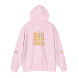 God • Money • Power Hoodie — White Pullover with Gold GMP Logo
