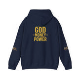 God • Money • Power Hoodie — White Pullover with Gold GMP Logo