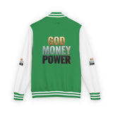 Letterman Jacket - "GOD MONEY POWER" Graphic Varsity Jacket with Chest Logo