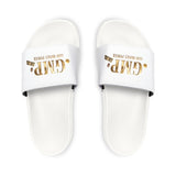 Men's Slide Sandals — White Removable-Strap Slides with Gold “GMP” Logo