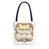 Tote Bag — "God Money Power" Gold Graphic Tote for Faith & Hustle