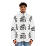 God Money Power Puffer Jacket — Bold Graphic Men's Winter Coat