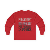 Long Sleeve Tee — "Put God First, Hustle for the Money, Put Yourself in Power" Inspirational Faith & Hustle Top