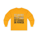 Long Sleeve Tee — "Put God First, Hustle for the Money, Put Yourself in Power" Inspirational Faith & Hustle Top