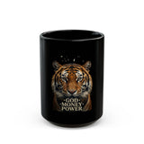 Tiger Portrait Black Mug – "God Money Power" Inspirational Coffee Cup