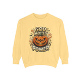 God Money Power- Pumpkin Sweatshirt — Halloween Jack-O'-Lantern Graphic Crewneck