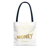 Inspirational Faith Tote Bag — "Put God First, Hustle for the Money" All-Over Print