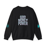 Crewneck Sweatshirt — GOD MONEY POWER Graphic Crewneck (Neon Cyan on White)