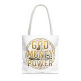 God Money Power Tote Bag — Bold Pyramid Graphic Religious Statement Tote