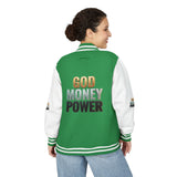 Letterman Jacket - "GOD MONEY POWER" Graphic Varsity Jacket with Chest Logo