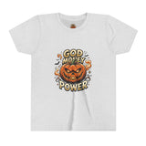 Youth Tee — "God Money Power" Halloween Pumpkin Graphic