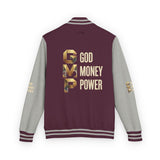 God Money Power Letterman Jacket — Red Varsity Bomber with GMP Gold Logo