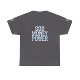 God Money Power Graphic Tee — Blue Anime Design