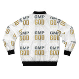 GMP GOD All-Over Print Bomber Jacket — White & Gold Graphic Jacket