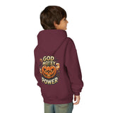Halloween Pumpkin Hoodie — “God Money Power” Graphic Youth Sweatshirt