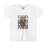 Youth Tee — 'God Money Power' Skull Graphic Shirt